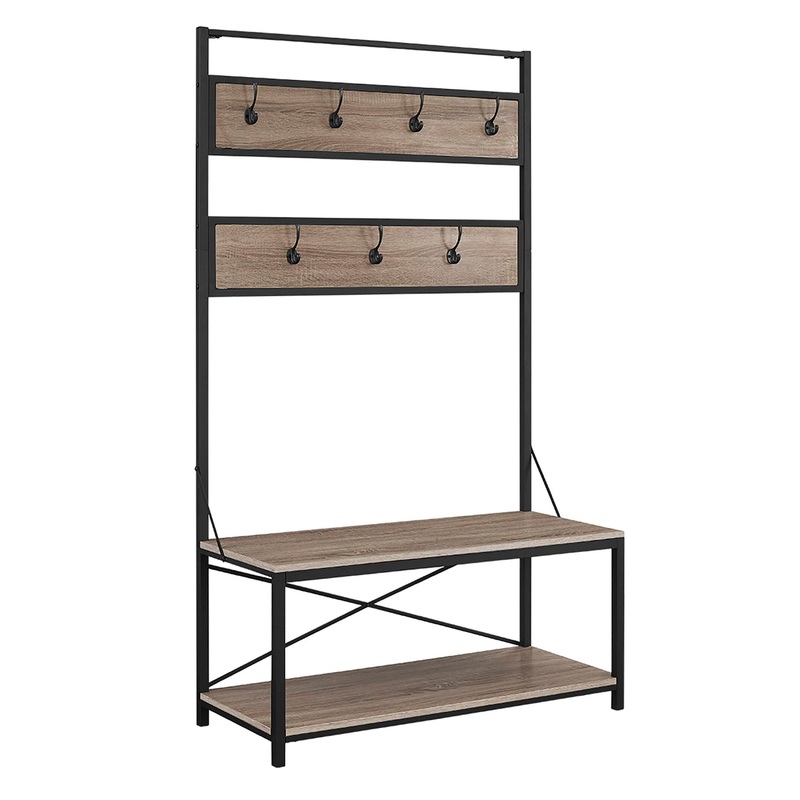 Rustic X-Back Hall Tree With Bench - Driftwood