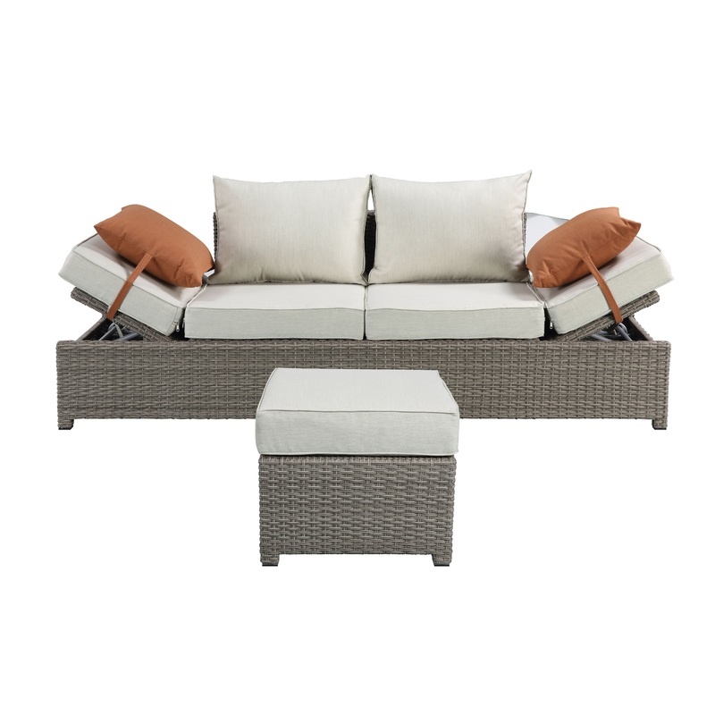 Salena - All Weather Wicker Patio Sofa & Ottoman With 2 Toss Pillows - Beige / Gray