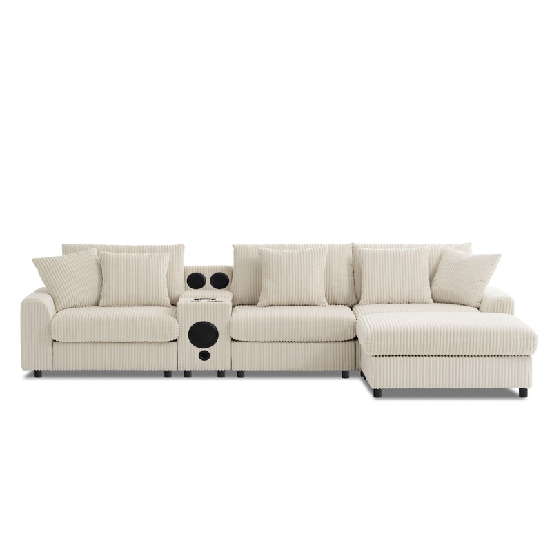 Sectional With Bluetooth Speakers L Shaped Couch With Console USB Charger, Cup Holders Storage Ottoman Deep And Wide Seat Cloud Sofa