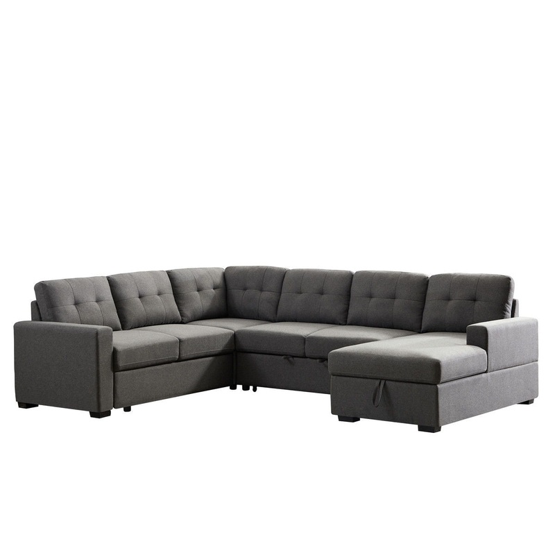 Selene - Linen Fabric Sleeper Sectional Sofa With Storage Chaise