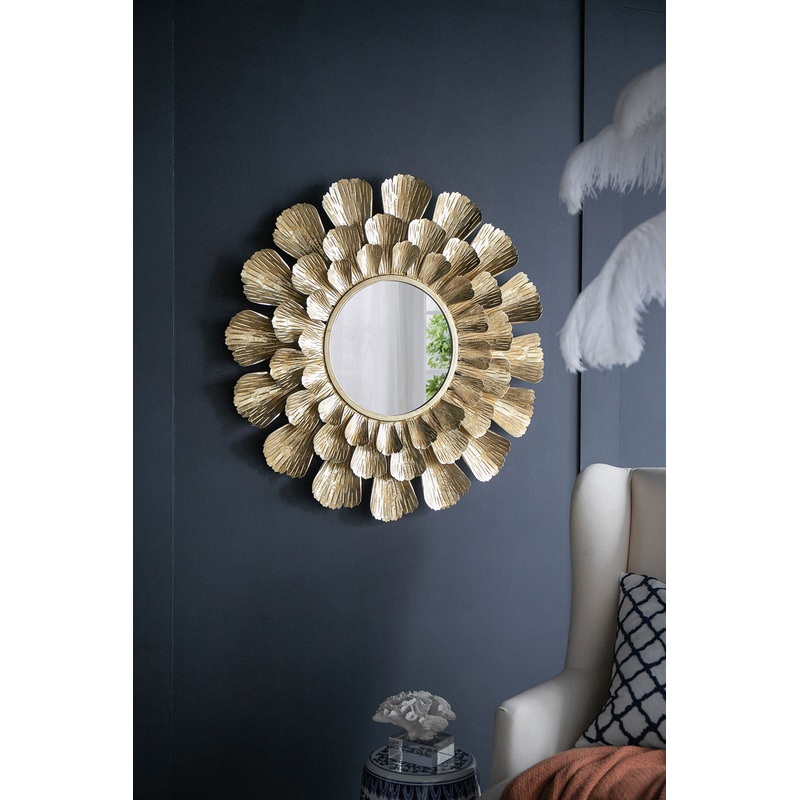Round Metal Mirror With Trumpet Vine Motif - Gold
