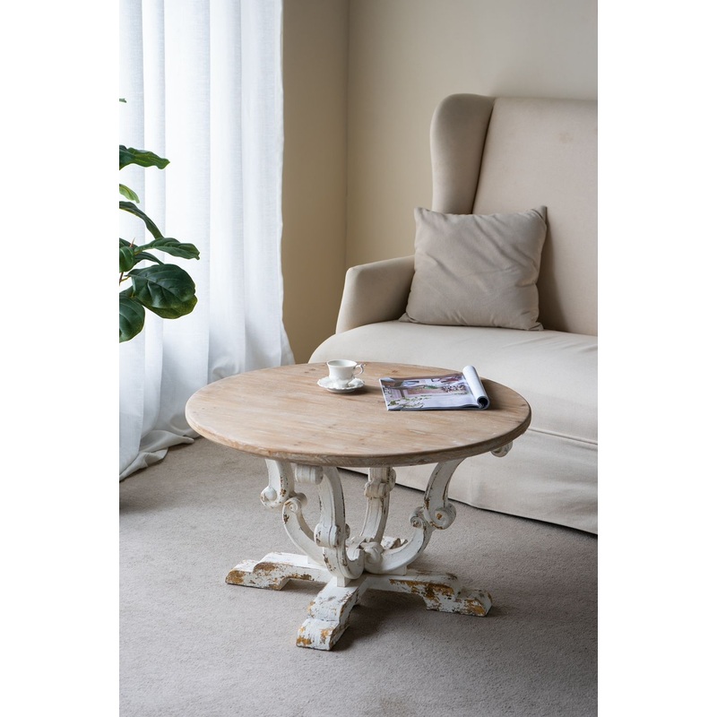 Round Wooden Coffee Table With Distressed Scrollwork Legs - Multicolor