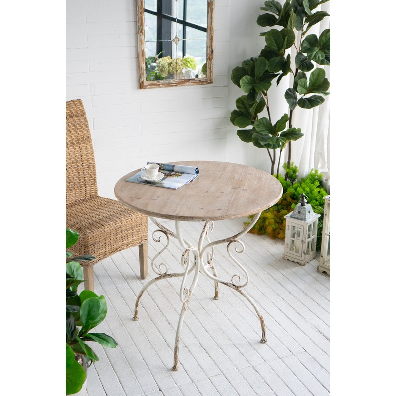 Round Wooden Table With Metal Scrollwork Legs - White Washed