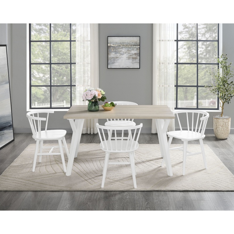 Roundhill - 5 Piece Dining Set, Dining Table With 4 Windsor Chairs - Brown / Antique White
