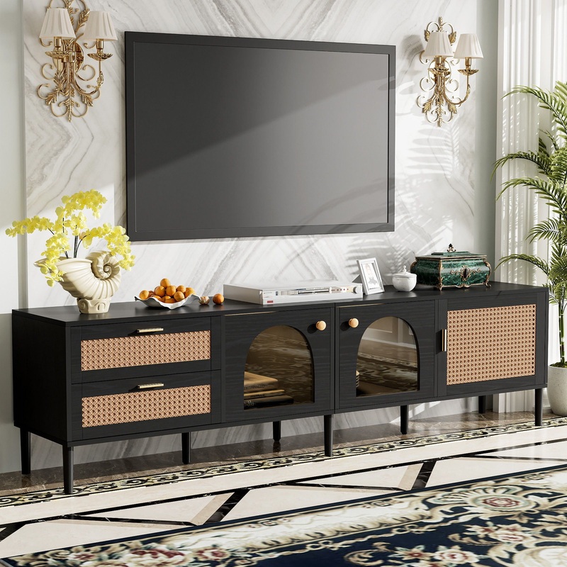 Rattan TV Stand With 3 Cabinets & 2 Drawers, Rattan-Inspired Media Console Table For Tvs Up To 80'', LED Light Entertainment Center, TV Cabinet For Living Room - Black