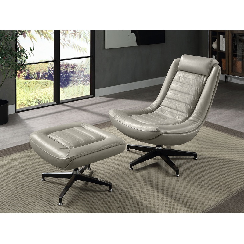Piran - Twilight Top Grain Leather Accent Chair And Ottoman With Swivel - Gray