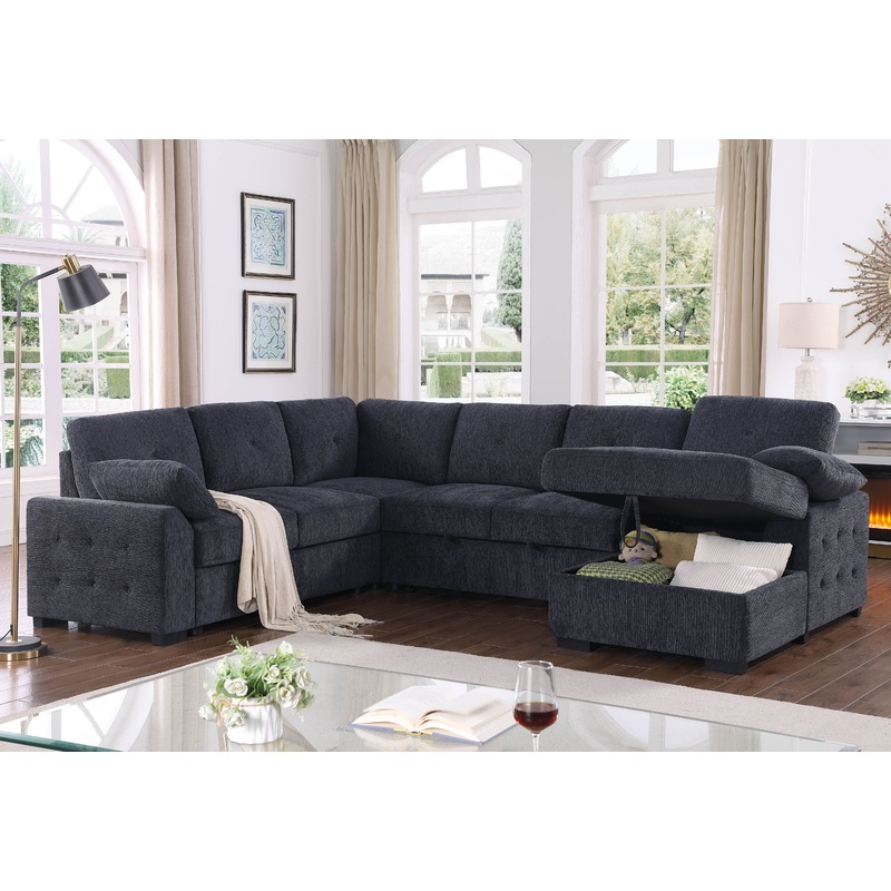Nyhan - Upholstered Corner Sectional With Pull Out Loveseat And Storaged Chaise