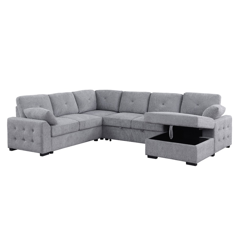 Nyhan - Upholstered Corner Sectional With Pull Out Loveseat And Storaged Chaise - Light Gray