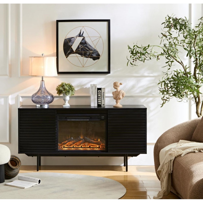 Oak Board Cabinet, The Middle Layer Board On Both Sides Of The Cabinet Can Be Adjusted, The Furnace Is Embedded In The Middle Grid With The Remote Control