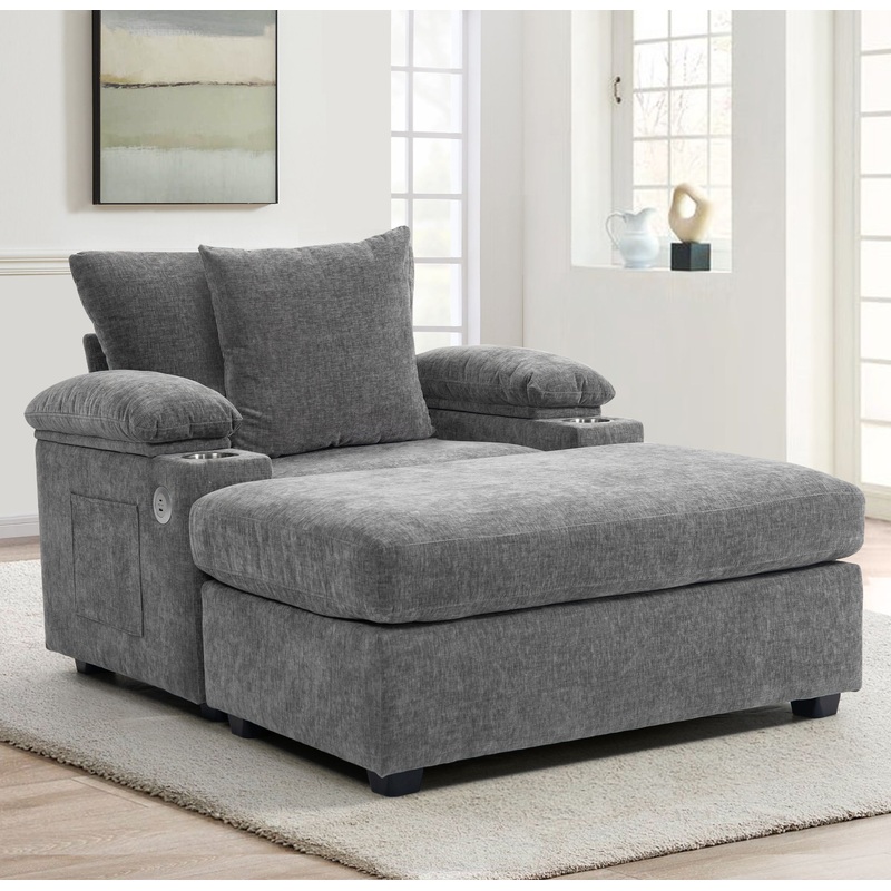 Modern Oversized Chair With Ottoman, Comfy Sofa With Cupholders And USB Charging Ports Chair For Living Room