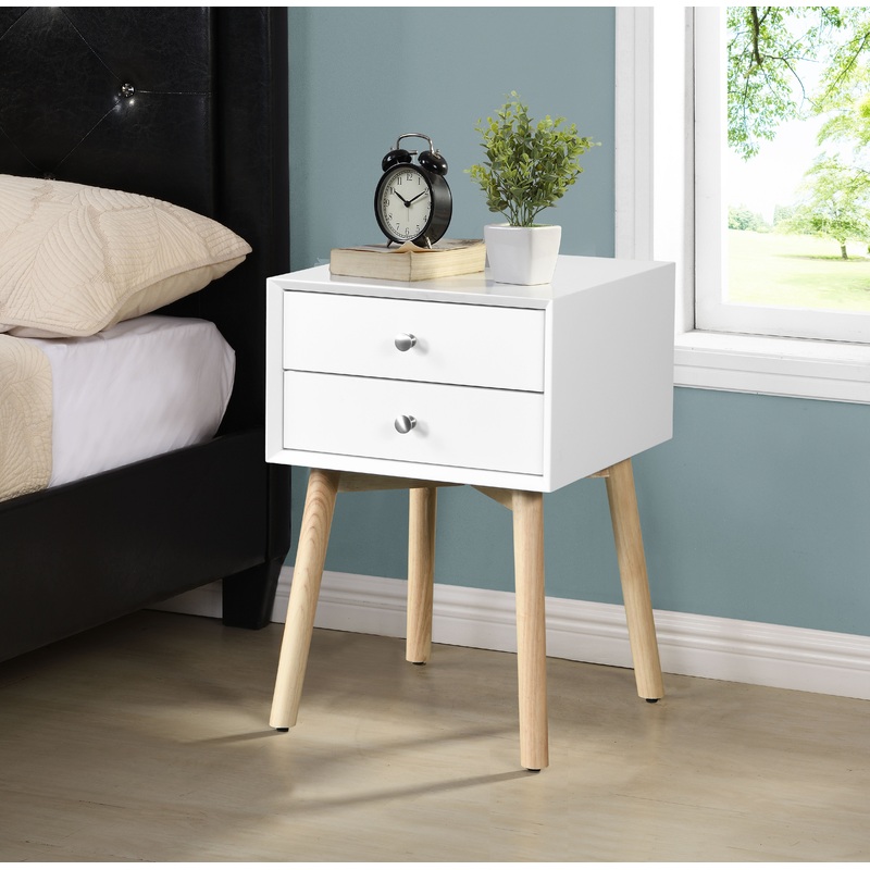 Modern Side Table With 2 Drawer, Mid-Century Storage Cabinet For Bedroom - White
