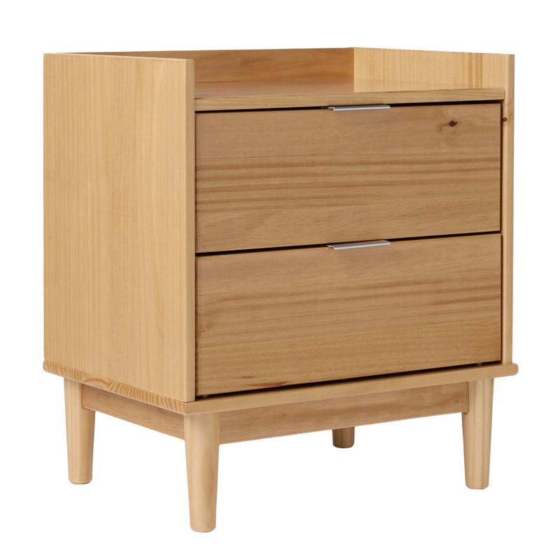 Mid Century Modern 2 Drawer Nightstand - Natural Pine