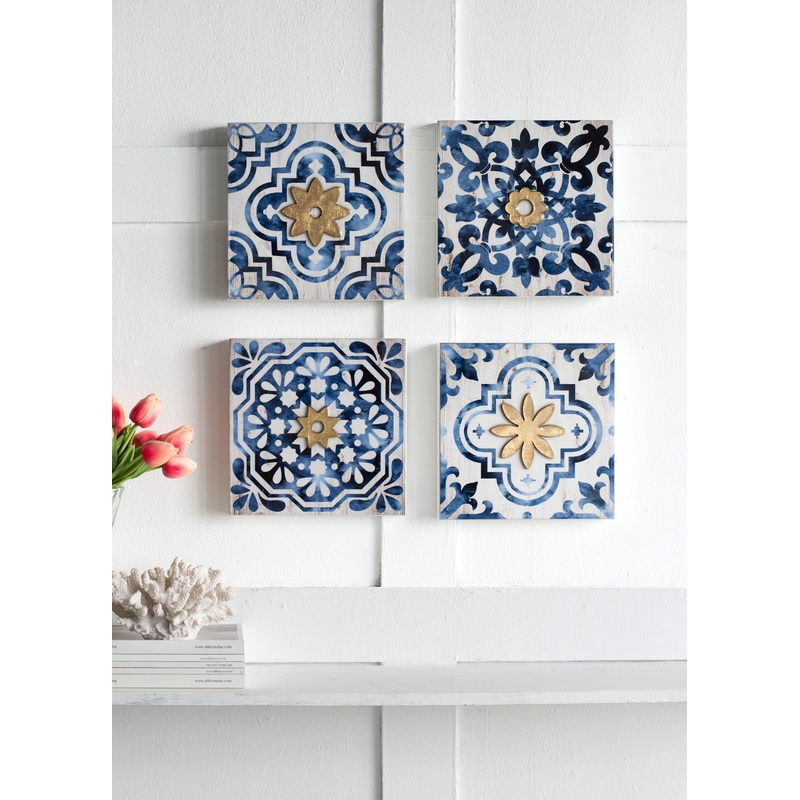 Abstract, And Wall Decor Accents (Set of 4) - White / Blue