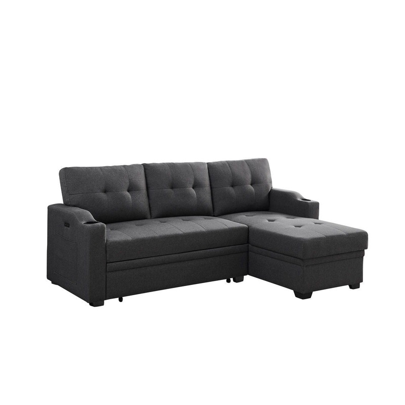 Mabel - Linen Fabric Sleeper Sectional With Cupholder, USB Charging Port And Pocket