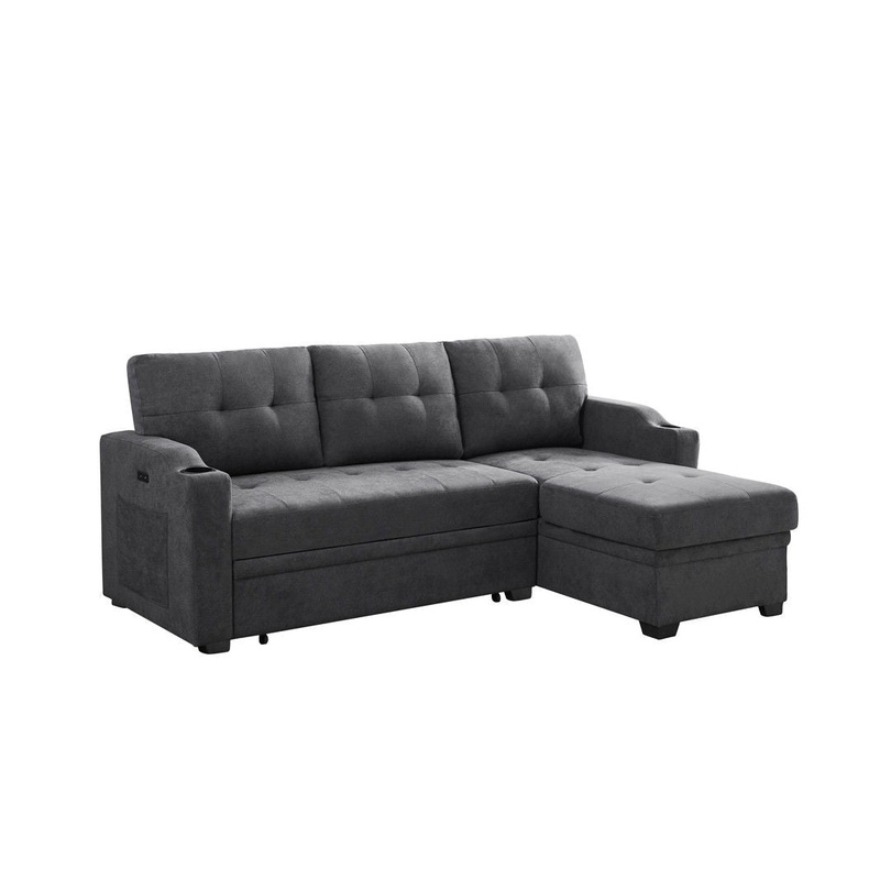 Mabel - Woven Fabric Sleeper Sectional With Cupholder, USB Charging Port nd Pocket - Dark Gray
