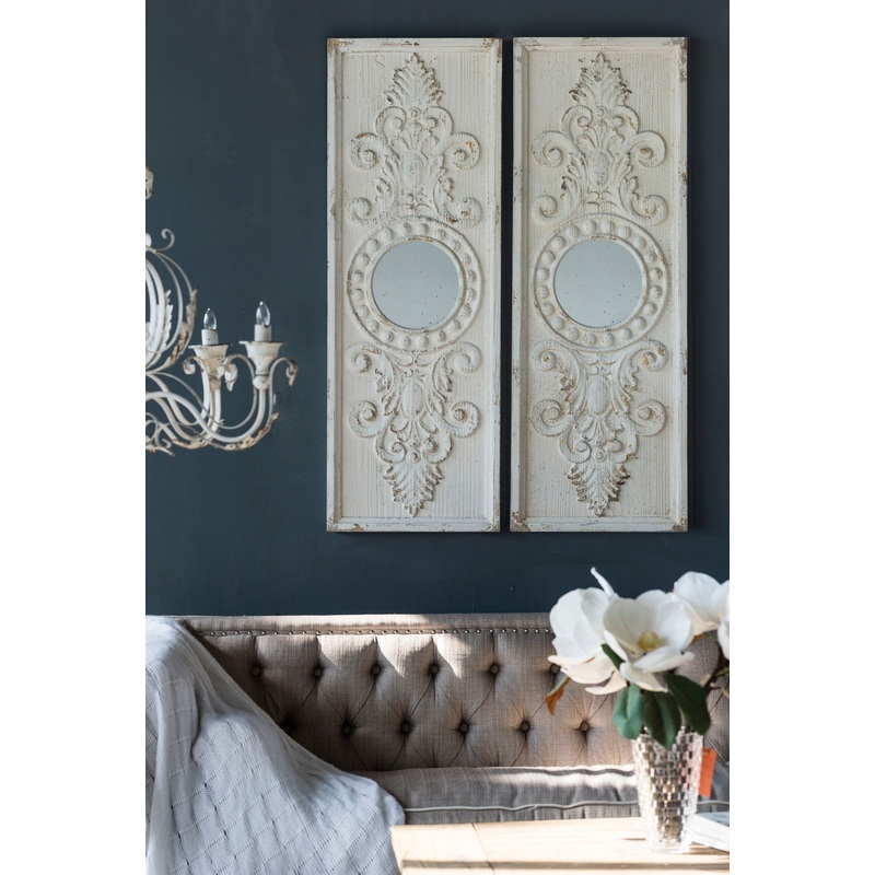 Large Wooden Wall Art Panels With Distressed Round Mirror Accents (Set of 2) - White