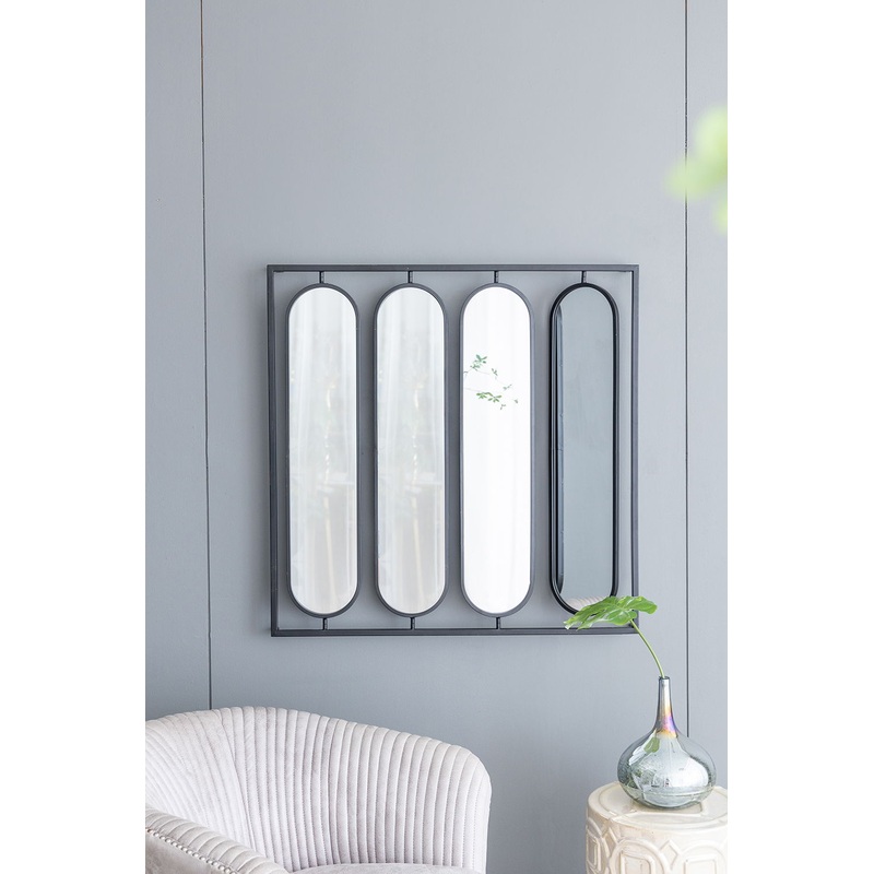 Large 4 Oval Wall Mirror With Square Frame, Home Decor For Living Room, Bedroom, Entryway, Office - Black