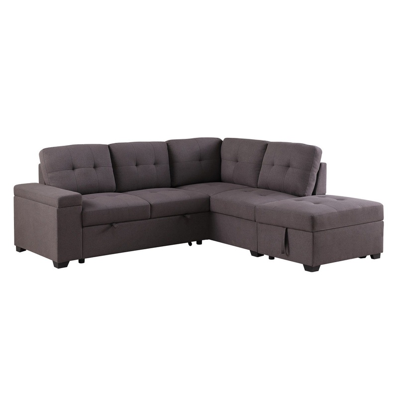 Katie - Linen Sleeper Sectional Sofa With Storage Ottoman, Storage Arm - Brown