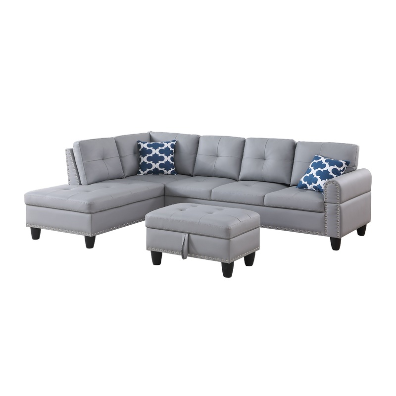 Irine - Faux Leather Sectional Sofa With Ottoman - Gray