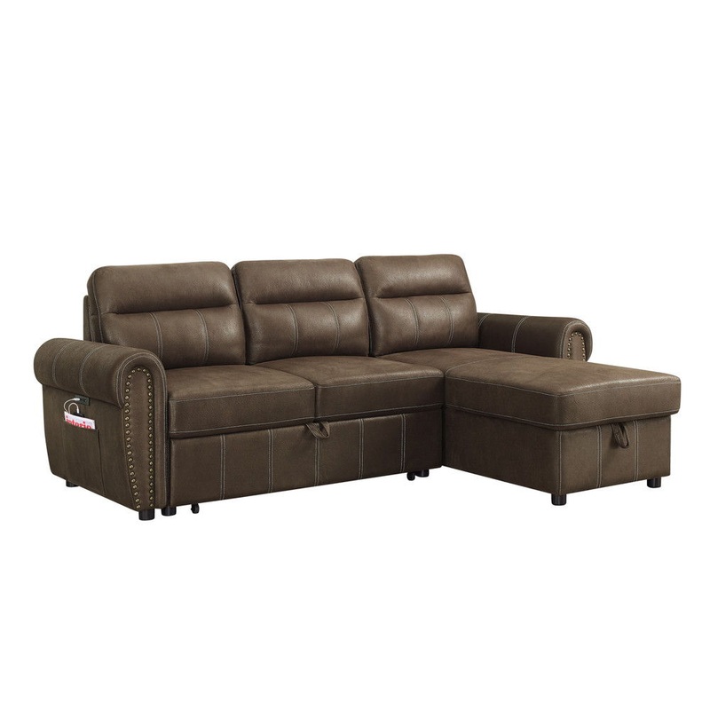 Hugo - Reversible Sleeper Sectional Sofa Chaise With USB Charger - Brown