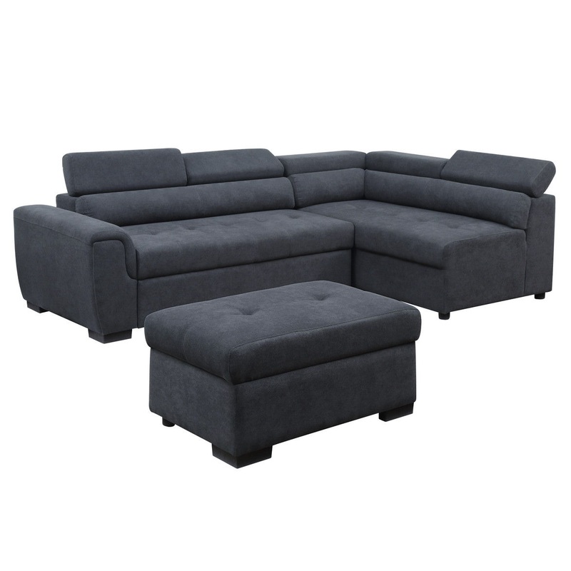 Haris - Fabric Sleeper Sofa Sectional With Adjustable Headrest And Storage Ottoman - Dark Gray