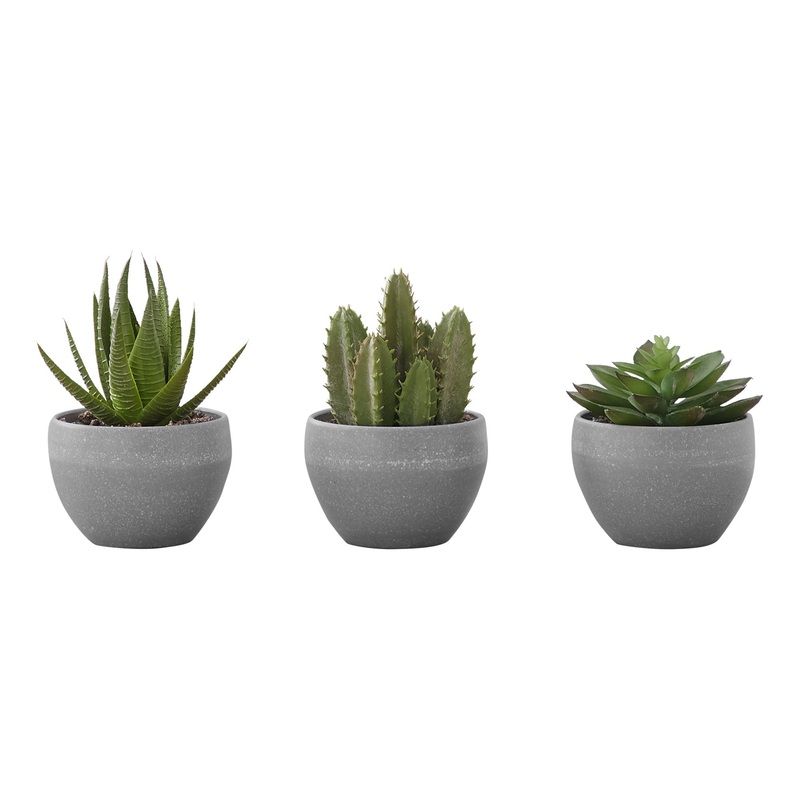 6" Tall, Artificial Plant, Succulent, Indoor, Faux, Fake, Table, Greenery, Potted, Decorative (Set of 3) - Green / Gray