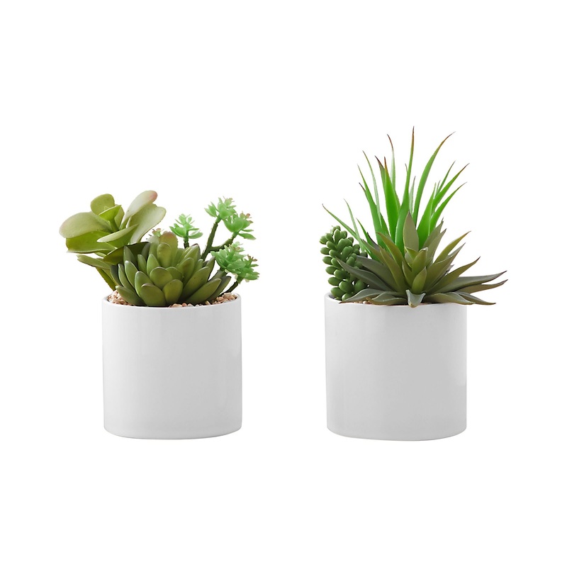 7" Tall, Artificial Plant, Succulent, Indoor, Faux, Fake, Table, Greenery, Potted, Decorative (Set of 2) - Green / White