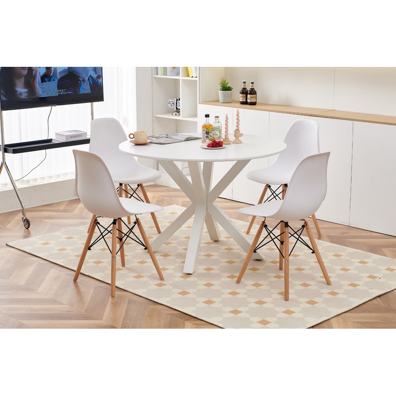5 Pieces Dining Set, Table Cross Leg Mid-Century Dining Table For 4 - 6 People With Round MDF Table Top, Pedestal Dining Table, End Table Leisure Coffee Table - White