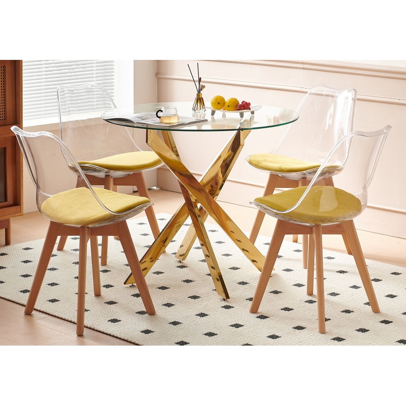 5 Pieces Dining Set, Table Metal Leg Dining Table For 4 - 6 People With Glass Table Top, Pedestal Dining Table, End Table Leisure Coffee Table - Golden