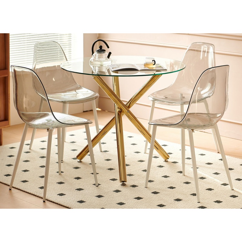 5 Pieces Dining Set, Table Metal Leg Mid-Century Dining Table For 4 - 6 People With Glass Table Top, Pedestal Dining Table, End Table Leisure Coffee Table - Beige / Black