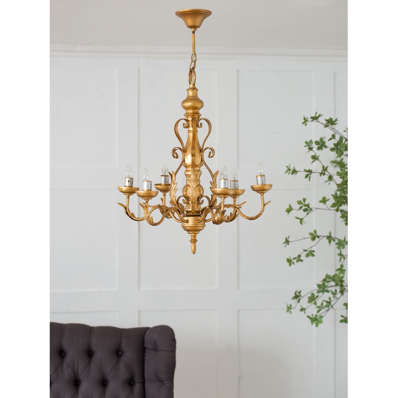 6 Light Chandelier, Hanging Light Fixture With Adjustable Chain For Kitchen Dining Room Foyer Entryway, Bulb Not Included - Gold