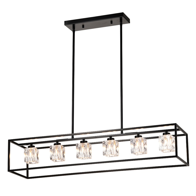 6 Light Farmhouse Chandelier, Modern Industrial Linear Rectangular Crystal Pendant Light Cage Chandelier For Dining Room, Kitchen Island, Bar, Long Table, G9*6 Bulbs Included - Matte Black