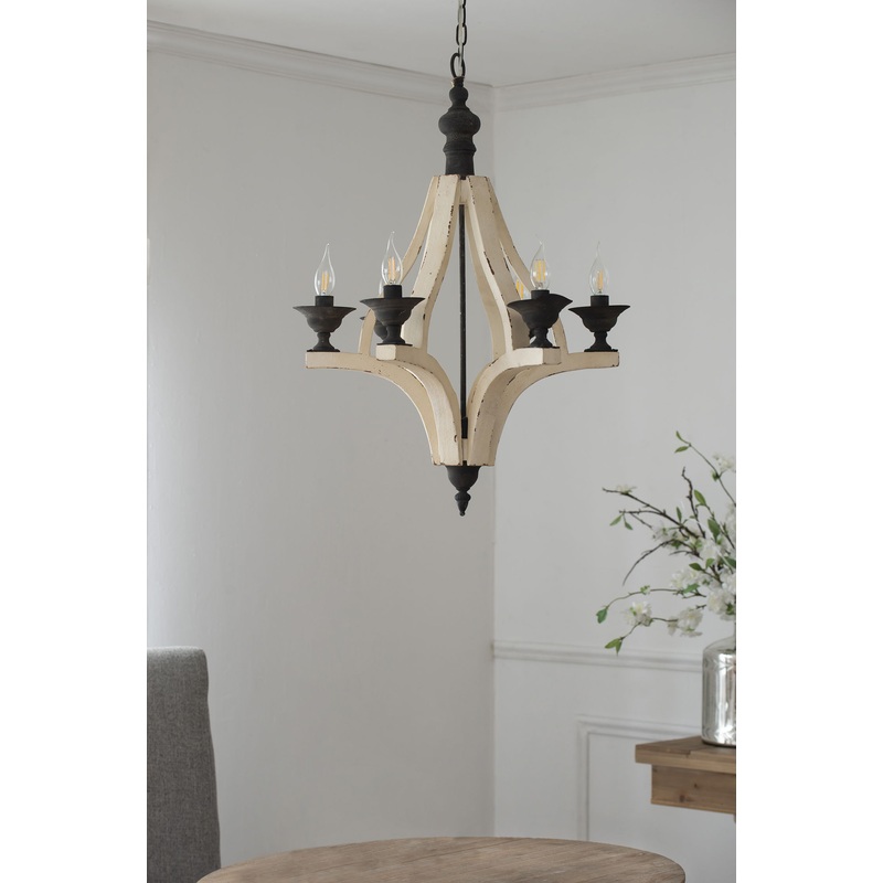 6 Light Wood Chandelier, Hanging Light Fixture With Adjustable Chain For Kitchen, Bulb Not Included - Cream