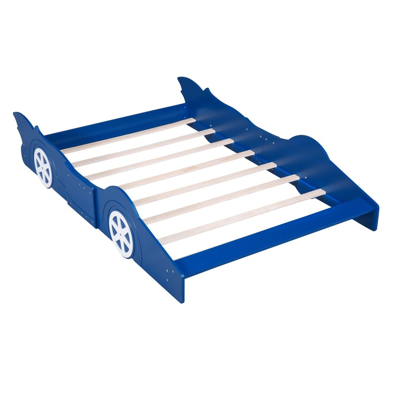 Full Size Race Car-Shaped Platform Bed & Wheels - Blue