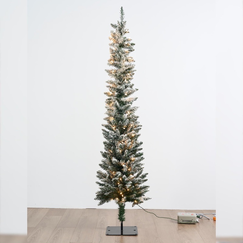 Flocked Slim 5 Foot Pre Lit Christmas Trees With Warm White Lights Perfect For Holiday Decorations, Includes Sturdy Bases Ideal For Home Or Office Decor (Set of 2) - Green