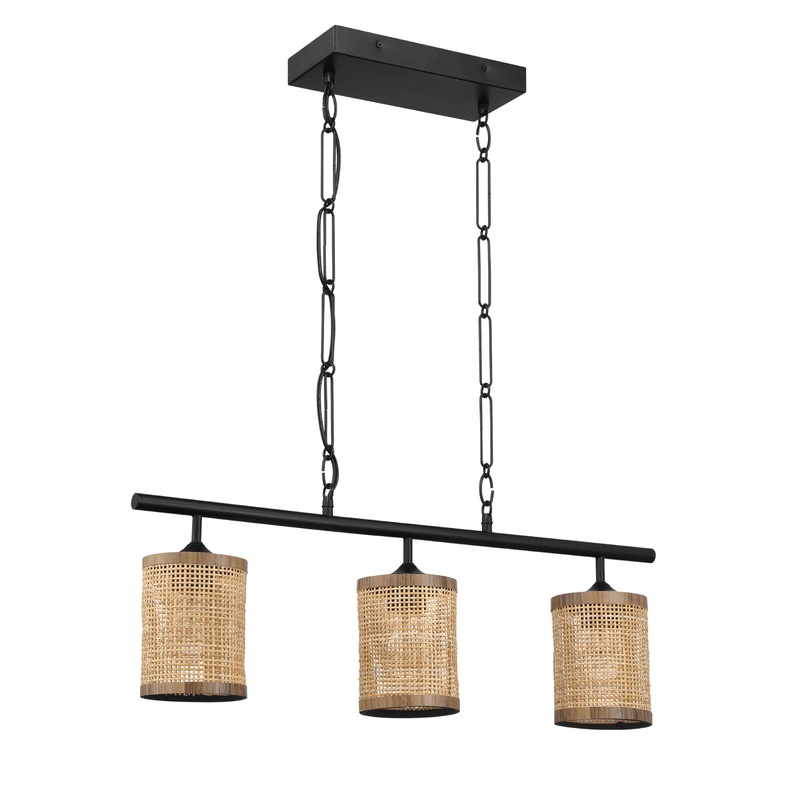 Elysian - 3 Lights Island With Natural Shade Farmhouse Chain Ceiling Lamp - Black / Rattan