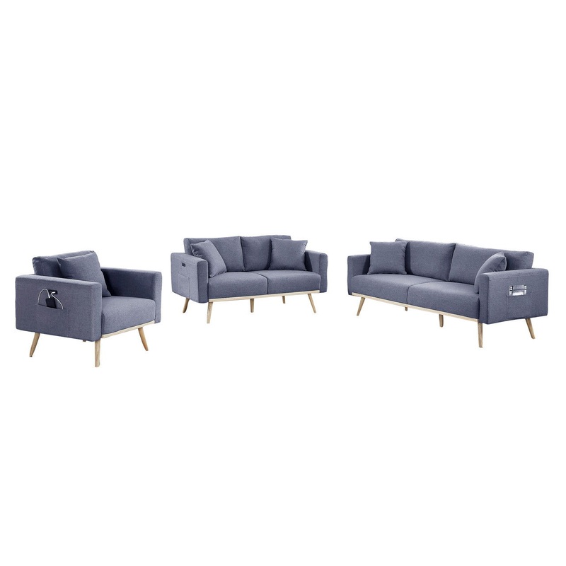 Easton - Linen Fabric Living Room Set With USB Charging Ports Pockets And Pillows (Set of 2)