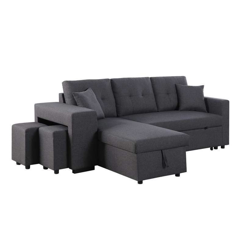 Dennis - Linen Fabric Reversible Sleeper Sectional With Storage Chaise And 2 Stools