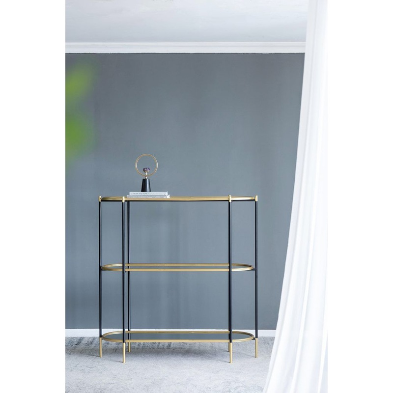 3 Tier Metal Console Table, Mirrored Shelf - Golden Black