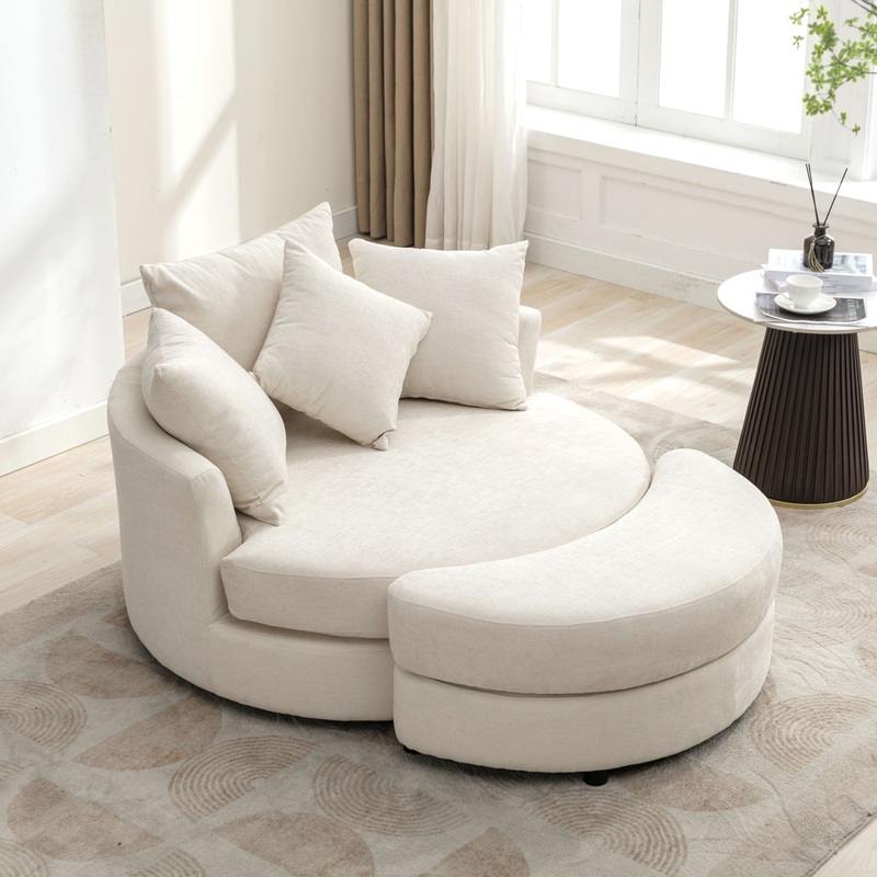 360 Swivel Accent Barrel Chair With Storage Ottoman & 4 Pillows, Modern Chenille Leisure Chair Round Accent For Living Room