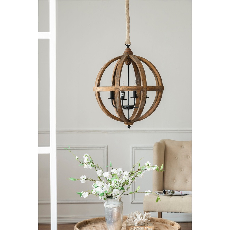 4 Light Wood Chandelier, Hanging Light Fixture With Adjustable Chain For Kitchen, Bulb Not Included - Brown