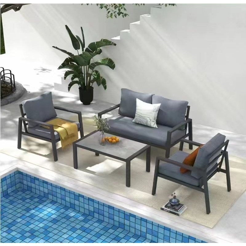 4 Piece Aluminum Outdoor Patio Conversation Set, All Weather Sectional Sofa Outside Furniture With Removable Cushions And Tempered Glass Coffee Table