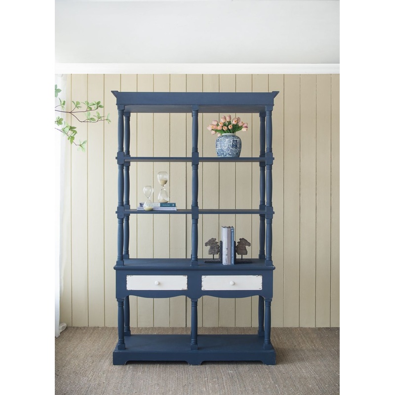 4 Tiered Wooden Shelf With Two Drawers, Farmhouse Wood Bookcase Display Storage Shelf Etageres - Antique Navy Blue