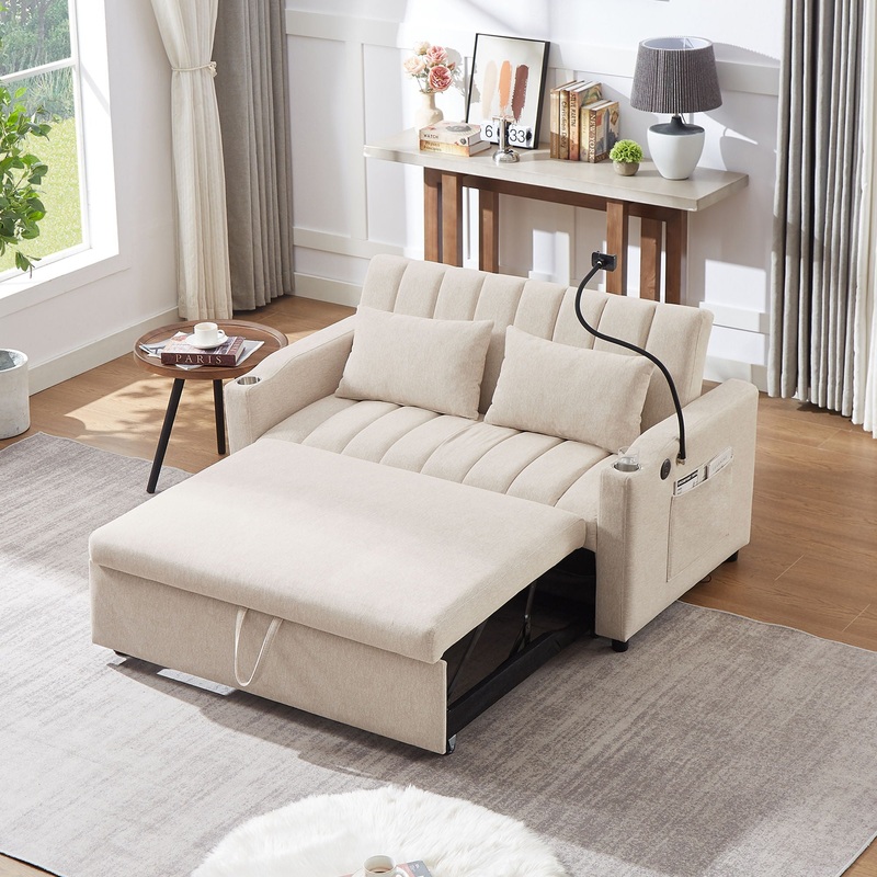 Convertible Sofa Bed Loveseat Sofa With Three USB Ports, Two Side Pockets, Two Cup Holders And 360 swivel Phone Holder For Living Room