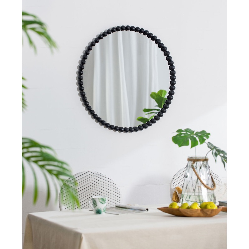 Circle Mirror With Metal Beaded Frame, Wall Mirror For Living Room Bedroom Entryway - Black