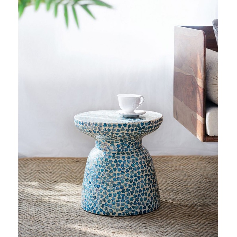 Capiz - Garden Stool Small Side Tabel, Accent Round End Table - Blue