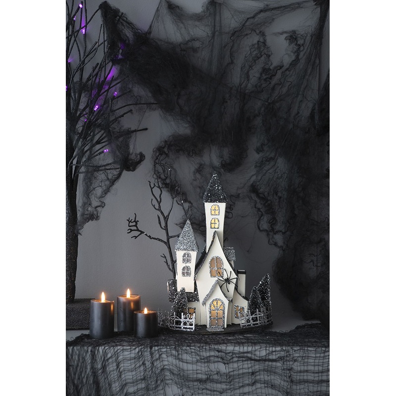 Cardboard Lighted Haunted House, Tabletop Holiday Halloween Decor, Battery Powered - Beige / Black
