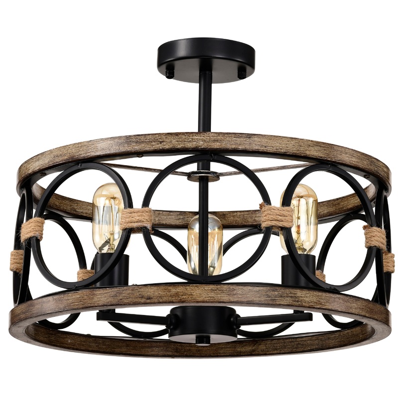 3 Light Drum Chandelier Farmhouse Chandelier Modern Pendant Light Fixtures For Kitchen Lighting Fixture For Dining Room, Foyer, Entry, Staircase, Hallway - Matte Black / Wood