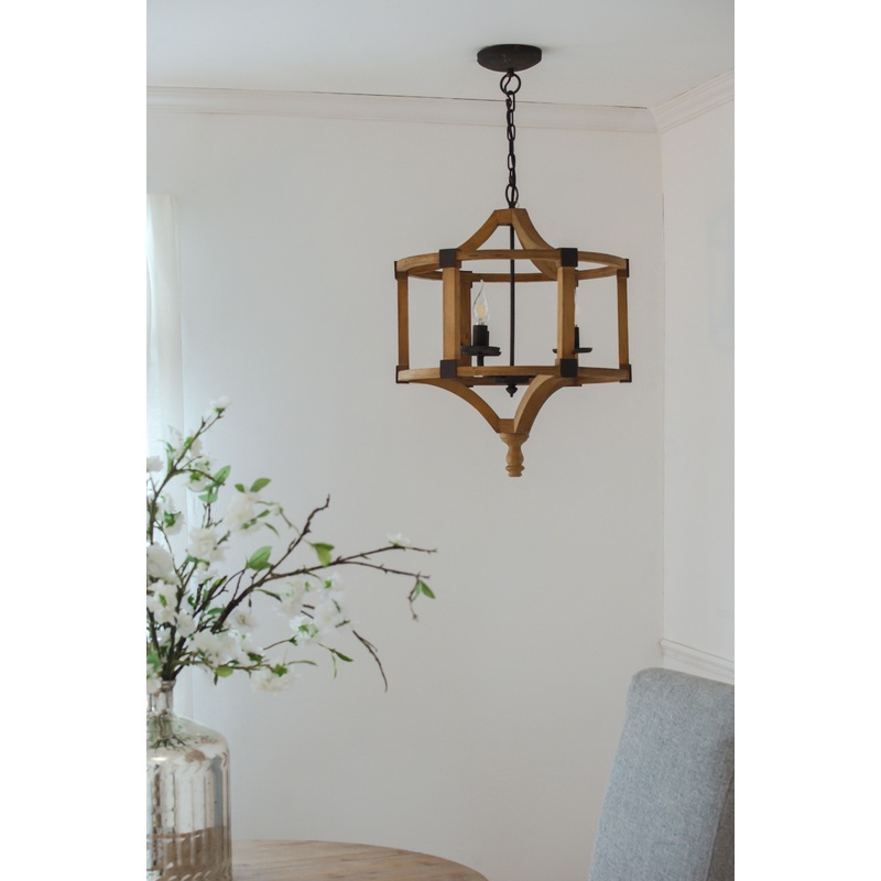 3 Light Wood Drum Chandelier, Hanging Light Fixture With Adjustable Chain For Kitchen, Bulb Not Included - Brown