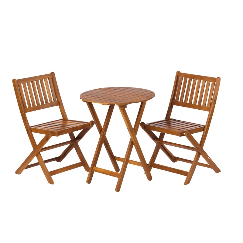 3 Piece Acacia Bistro Set, Folding Patio Furniture With 1 Coffee Table And 2 Foldable Chairs